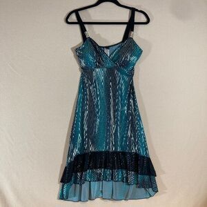 Gidani Dress Sz Medium Teal Black Silver Vintage Babydoll A-Line Stretch‎ Fun